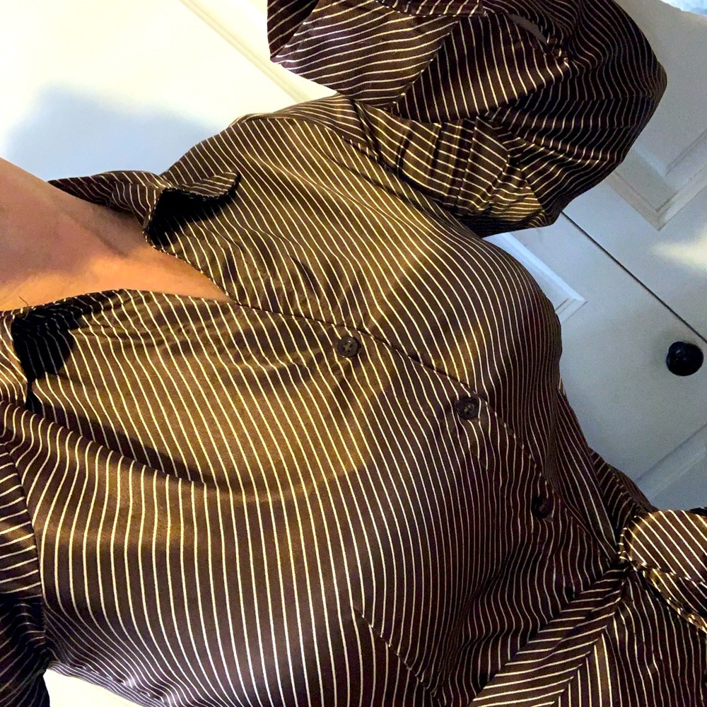 Antilia Femme Charmeuse Blouse cocoa w/vanilla pinstripe, stretch, ties at waist
